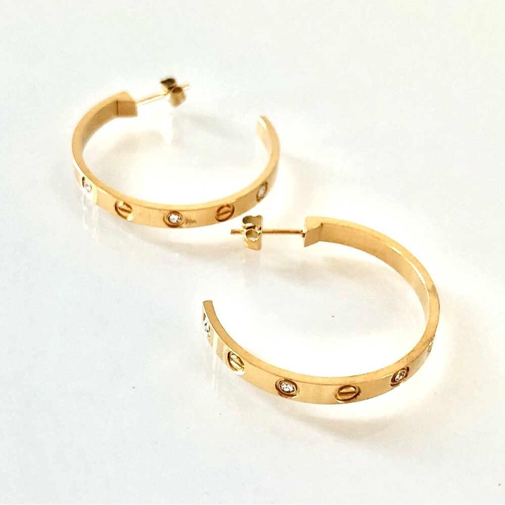 Gold Screw Earrings Zirconia Hoops - Picture 17 of 17